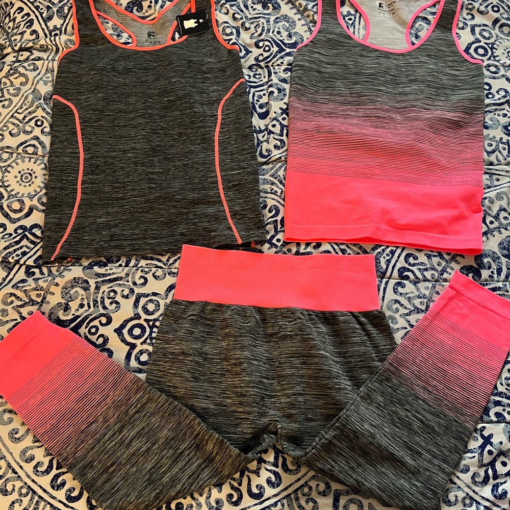 Gray and Pink Crop Tops and Leggings Athletic Wear